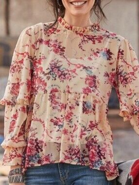 Sundance Cream Floral Ruffle Blouse Size XXL